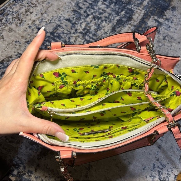 Betsey Johnson Curtsy Black & White Polka Dot Coral Bow Satchel - Picture 8 of 13